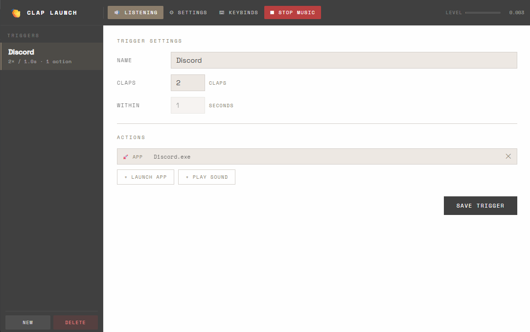 Clap Launch app interface showing trigger settings and actions